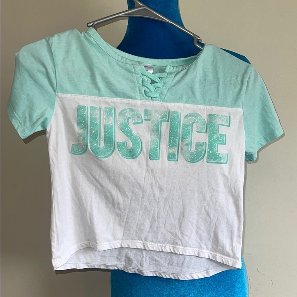 Justice Aqua and White Short Sleeve Tee